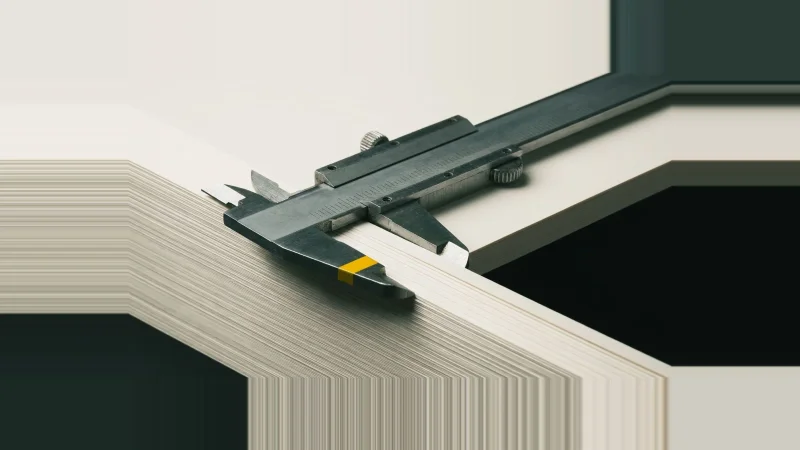 Steel vernier caliper measuring the edge of a thick stack of pale paper sheets against a black background