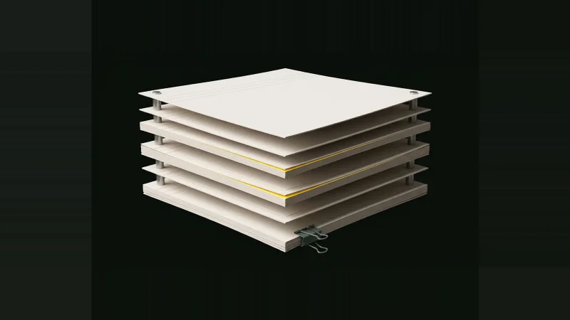 Overhead view of blank off-white spec-manual sheets exploded into floating layers, one buried sheet edged in yellow.