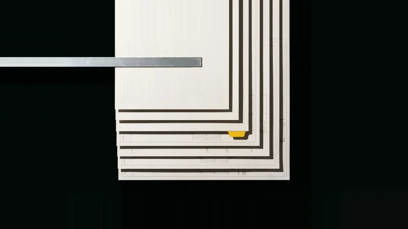 Overhead view of eight offset off-white specification pages in a stepped fan, one marked with a yellow tab.