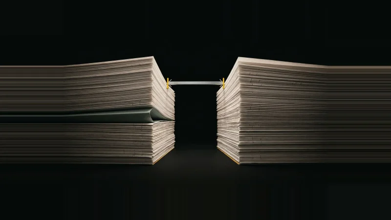 Two stacks of layered drawing and spec pages facing each other across a black gap, spanned by a yellow-tipped dimension bar
