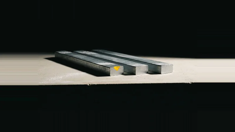 Three brushed metal bars aligned at one end, each a different length, lit from the side against black