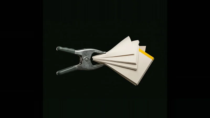 A galvanised steel spring clamp gripping three uneven sheaves of off-white folded drawing paper, one edge marked yellow
