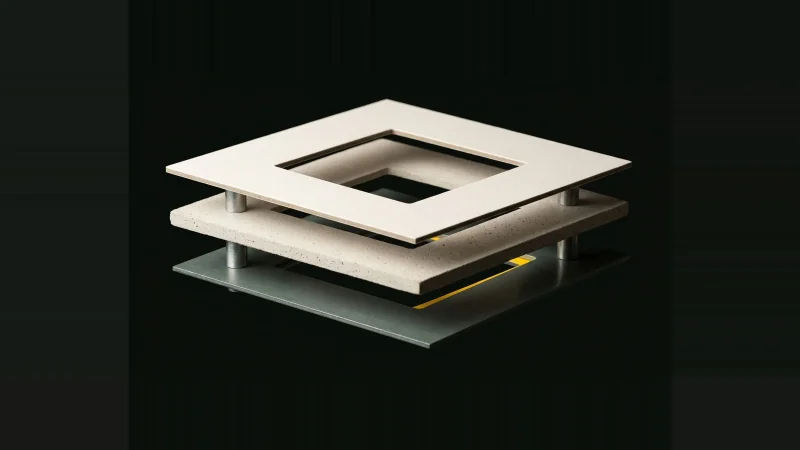 Three stacked panes with matching square cut-outs; the lowest is rotated off-axis, leaving a yellow sliver of misalignment.