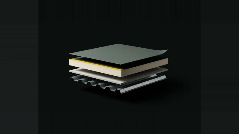 Exploded model of a roof assembly floating in darkness with one layer missing, leaving an empty black slot