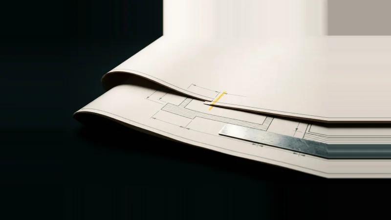Two pale drafting sheets overlapping out of alignment, dimension lines failing to meet, marked by one yellow stroke.