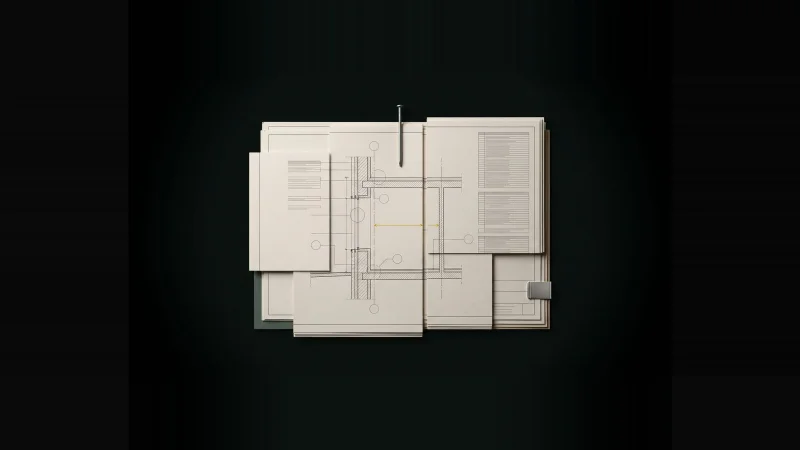 Layered off-white drawing and spec sheets forming one wall section
