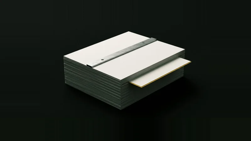 Stack of pale drawing sheets rim-lit in darkness, one sheet pushed out of alignment with a yellow-lit edge