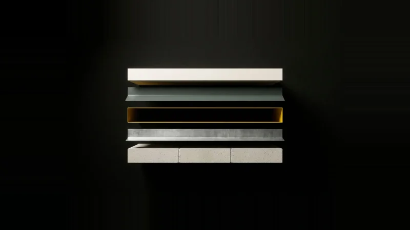 Exploded cutaway model of a wall junction in four separated layers, with an empty gap edged in yellow