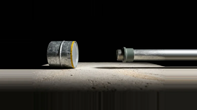 Low, close view of a capped galvanised duct stub and a metal conduit stub on pale concrete, an unclaimed gap between them.