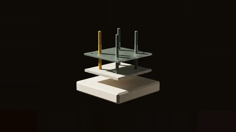 Exploded view of a concrete equipment pad, grout bed, steel baseplate and anchor bolts floating apart in darkness