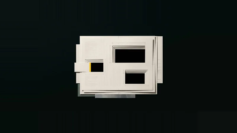 Layered off-white specification sheets with rectangular holes cut through to black, one patched by a yellow-edged card.