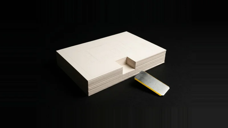 A stack of pale drawing sheets with a rectangular notch milled through it beside a machined steel shim that fits it.