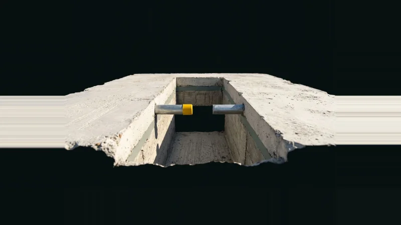 Two galvanised pipe stubs enter a concrete floor trench from opposite sides and stop short, leaving an unconnected gap.
