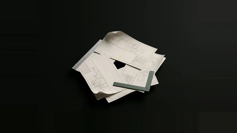 Three overlapping architectural drawing sheets fanned on black, leaving a small dark triangular gap, one yellow line stopp…