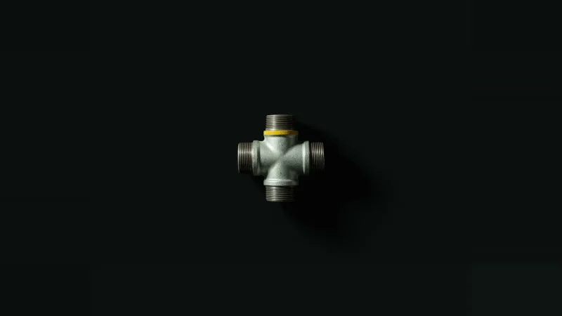 Overhead view of a galvanised four-way cross pipe fitting lit by low raking light against a black field