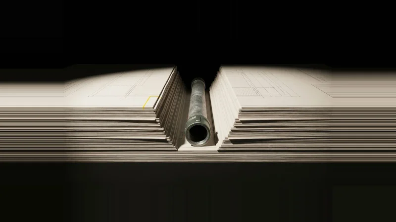 A V-shaped trench cut through a stack of pale drawing sheets, a short galvanised pipe lying in the void.