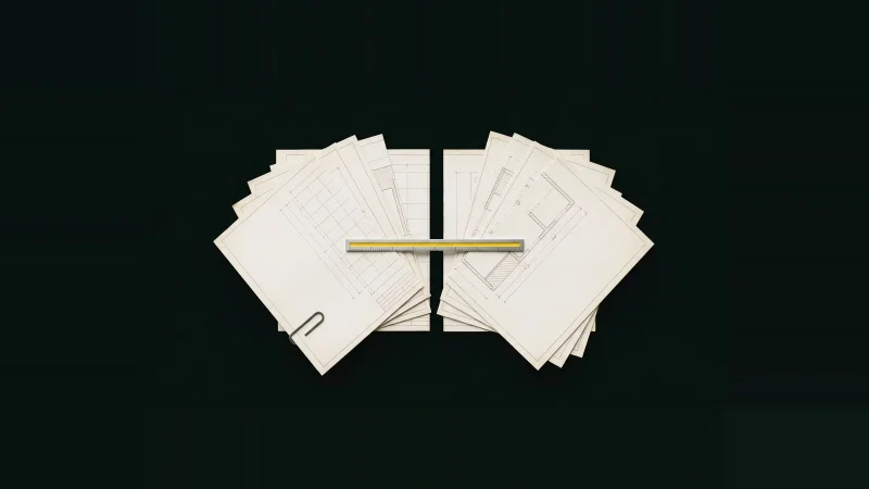 Overhead view of two fans of pale drawing sheets separated by a black gap, bridged by a yellow-marked dimension bar.