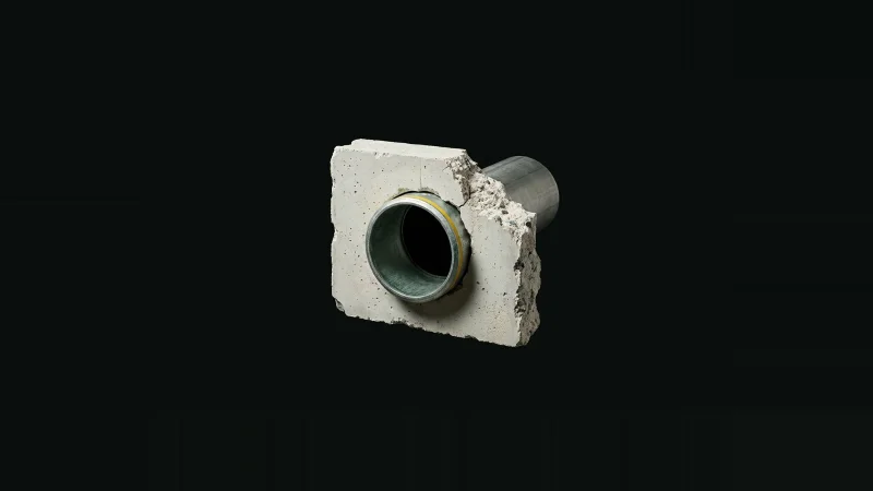A galvanised pipe sleeve through broken pale concrete, its unsealed gap ringed in yellow, isolated on black.