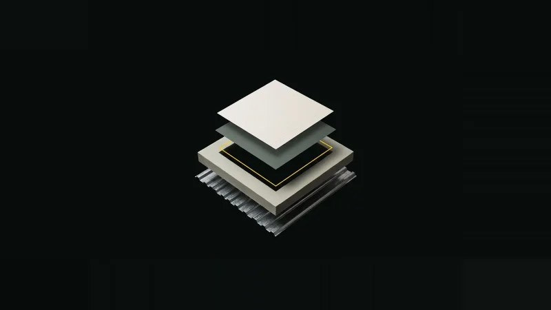 Overhead view of a small exploded roof assembly, layers separated, with one layer missing from the stack
