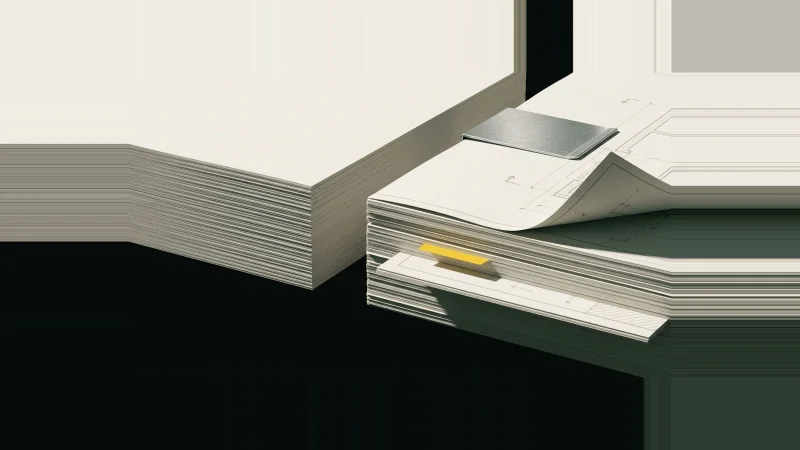 Low-angle close-up of two paper stacks: one plain text pages, one with drawing sheets and a yellow tab