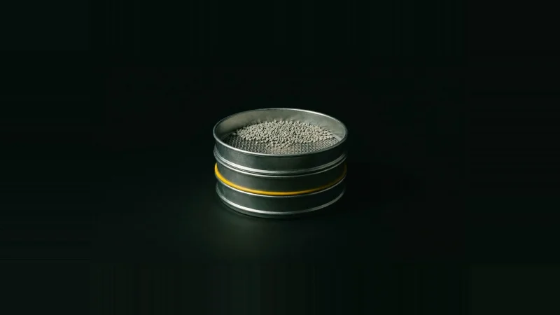 A small stack of galvanised testing sieves holding graded pale aggregate, one rim banded yellow, in darkness