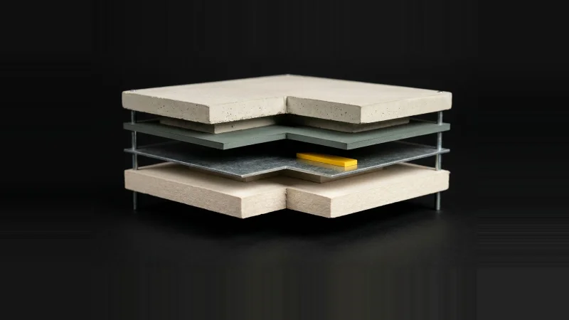 Exploded cutaway model of a floor assembly on steel pins, one layer missing, a yellow shim in the empty gap