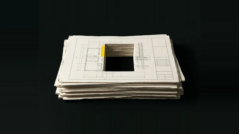 Stacked off-white specification and drawing sheets with a rectangular void cut through every layer, marked by a yellow tab.