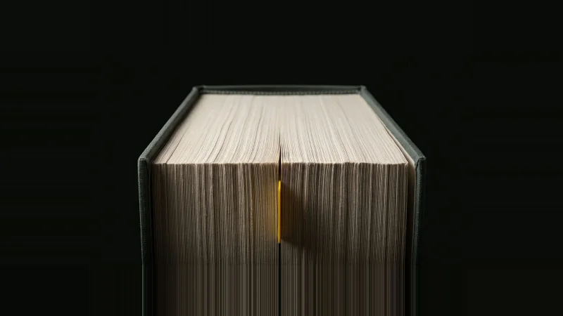 Close-up of a thick spec book's off-white page edges in raking light, one yellow tab marking a page deep inside.
