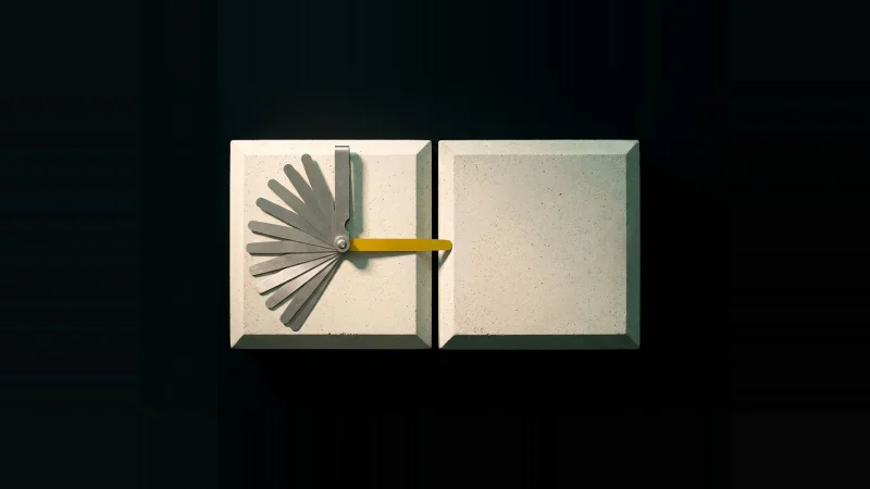 Overhead view of fanned metal feeler gauge blades, one yellow, inserted into the gap between two pale concrete blocks.