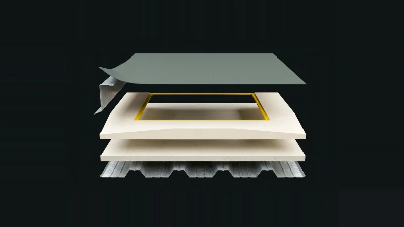 Exploded cutaway of a roof assembly with layers floating apart and one empty slot outlined in yellow