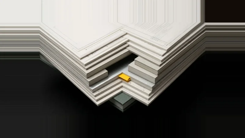 Fanned stack of pale specification sheets layered like a roof assembly with one layer missing, marked by a yellow tab