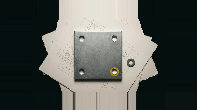 Overhead view of a galvanised anchor bolt template plate on layered drawing sheets, one hole ringed yellow and off-mark.