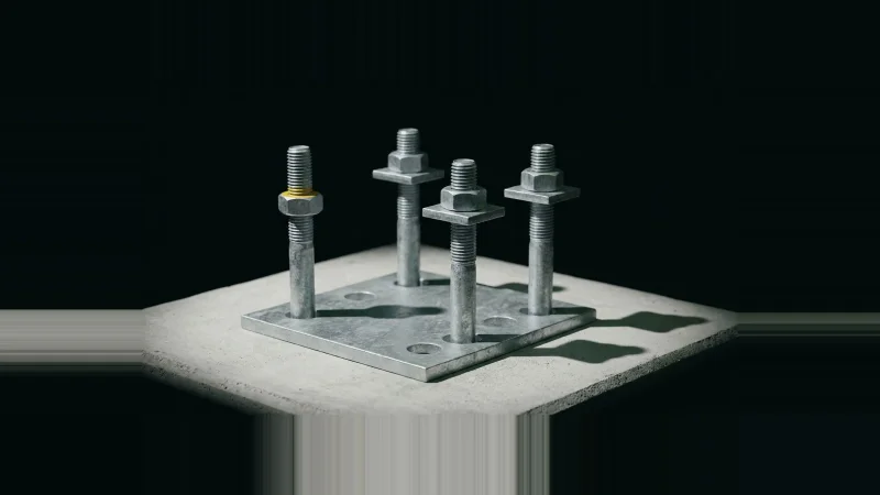 Four galvanised anchor bolts in a steel template plate, side-lit against black, one bolt banded in yellow