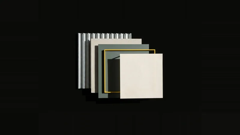 Overhead view of an exploded roof assembly model with one layer missing, marked by a yellow rectangular outline.