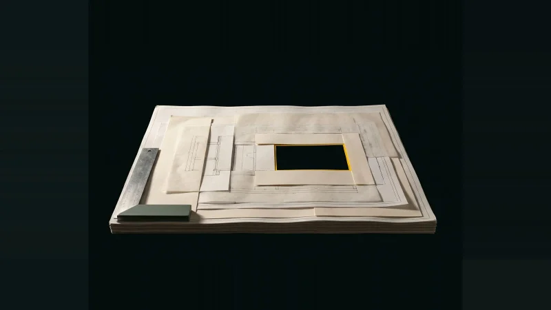 Overlapping off-white architectural sheets tiled into a slab on black, with one empty rectangular gap rimmed in yellow.