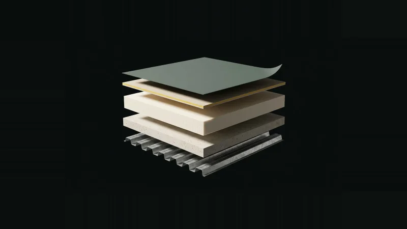 Exploded cutaway of a roof assembly floating apart in darkness, the thin cover board layer edged in yellow