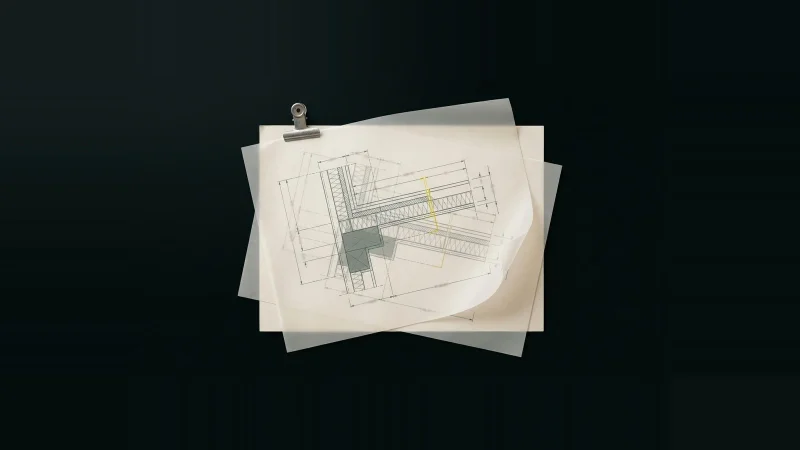 Two translucent drawing overlays of the same wall detail, misaligned over a spec page, one yellow mark noting the conflict