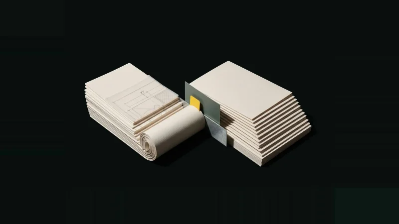 An off-white stack of specification and drawing sheets splitting into two fanned paths, one open, one closed, with a singl…