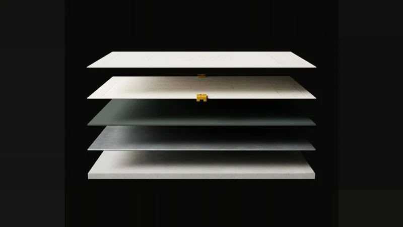 Exploded stack of concrete, metal and paper layers floating in darkness, one gap empty and marked in yellow
