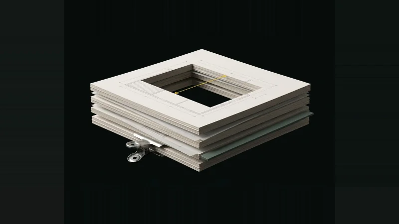 Overhead view of a stack of architectural spec sheets with a rectangular void cut through, spanned by a yellow dimension l…