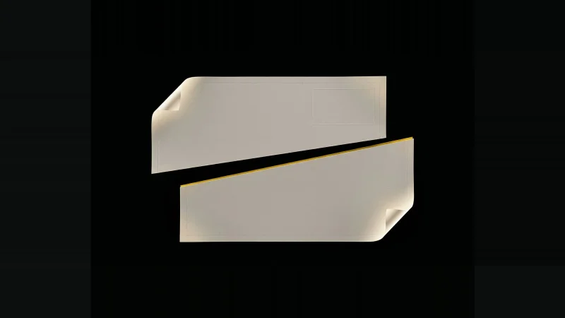 Overhead view of two off-white drawing sheets overlapping but misaligned, a black gap between their edges lit yellow.