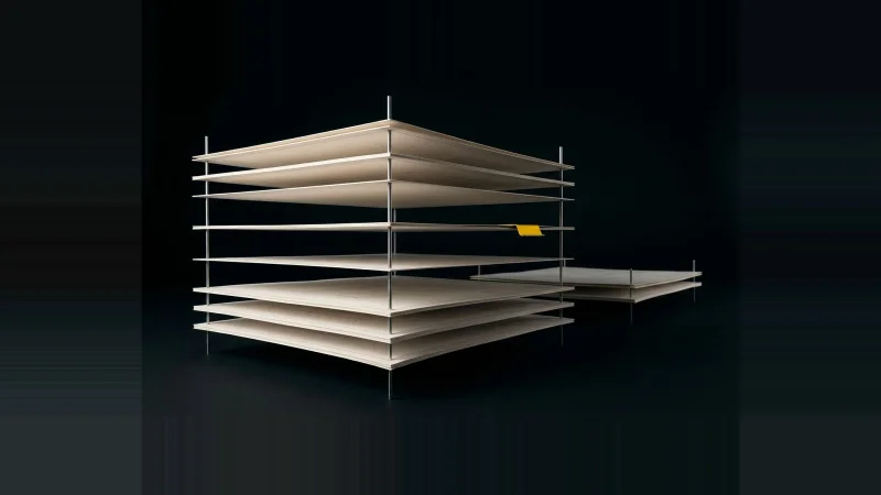 Exploded stack of pale drawing sheets held apart on thin metal pins against black, one gap marked by a yellow tab.
