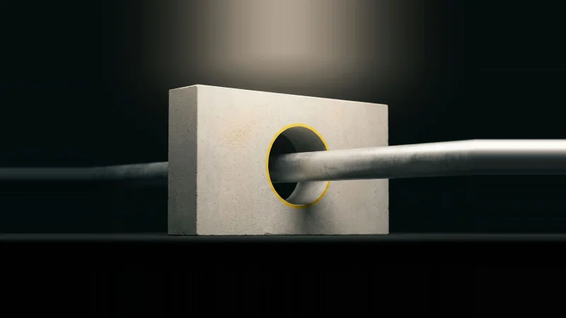 A galvanised pipe passes through a cored opening in a concrete block, the surrounding gap ringed in yellow.