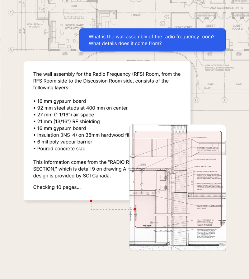 Provision Chat with Drawings answering a wall assembly question with a sourced drawing detail