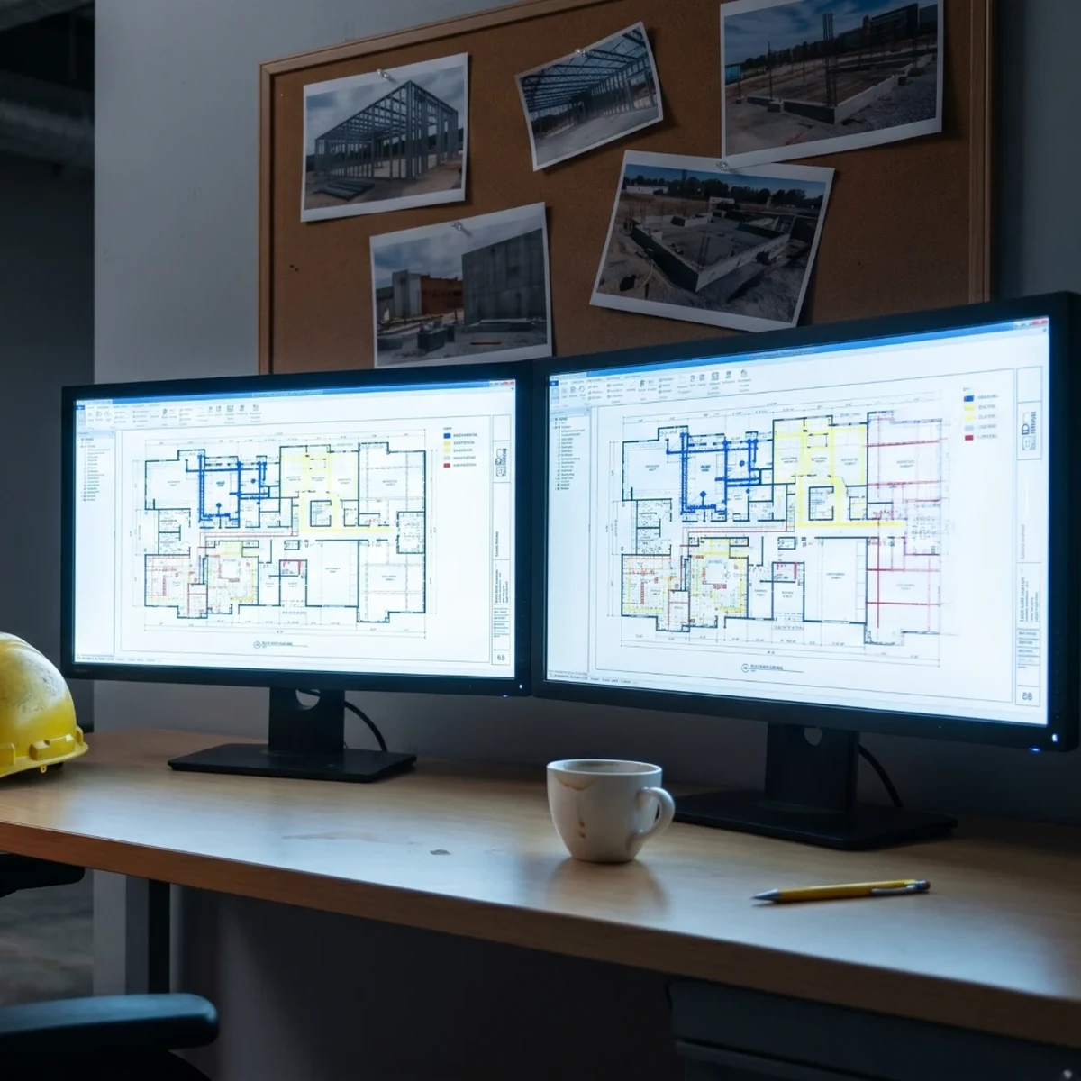 A preconstruction desk with the drawing set open across two screens