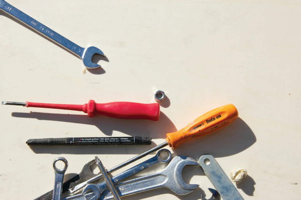 Construction hand tools at an Amrize job site