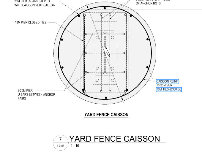 Yard fence caisson reinforcement detail from the drawing set