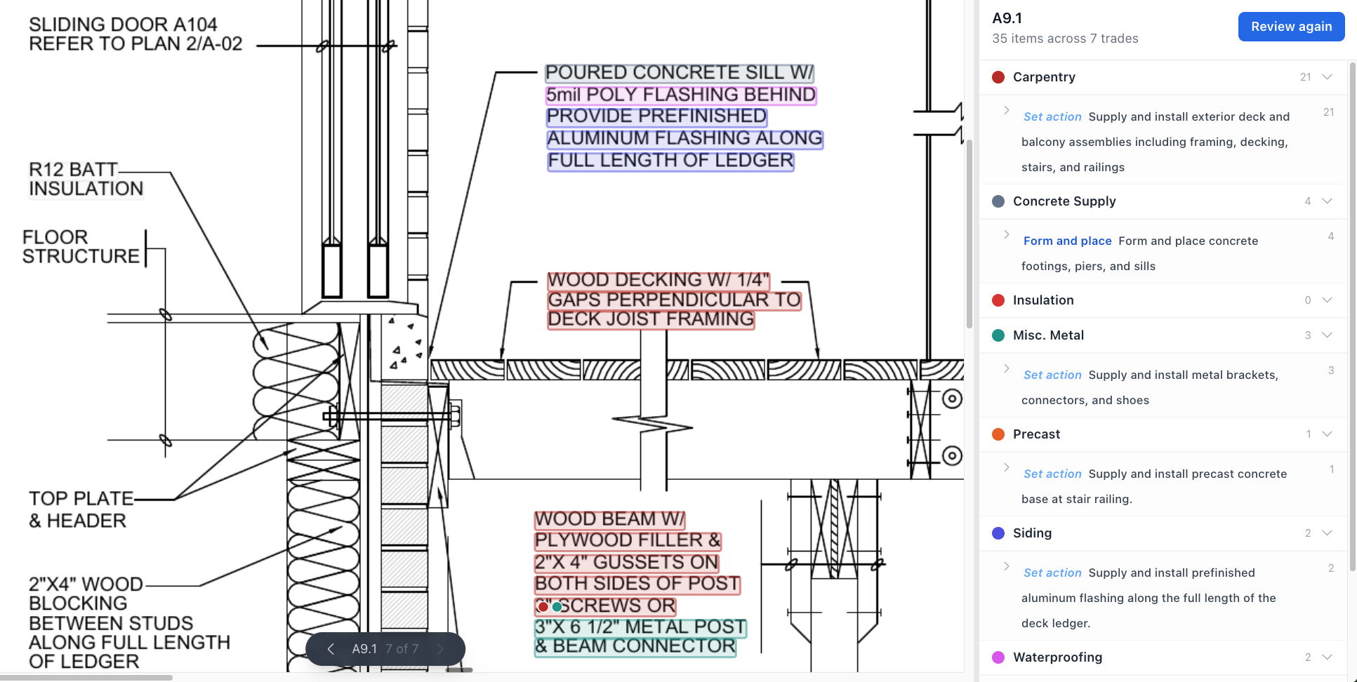 Scope Agent reading a drawing detail and producing a trade-organized scope package: 39 items across 7 trades (Carpentry, Concrete Supply, Insulation, Misc. Metal, Precast, Siding, Waterproofing) with one-click set-action per trade