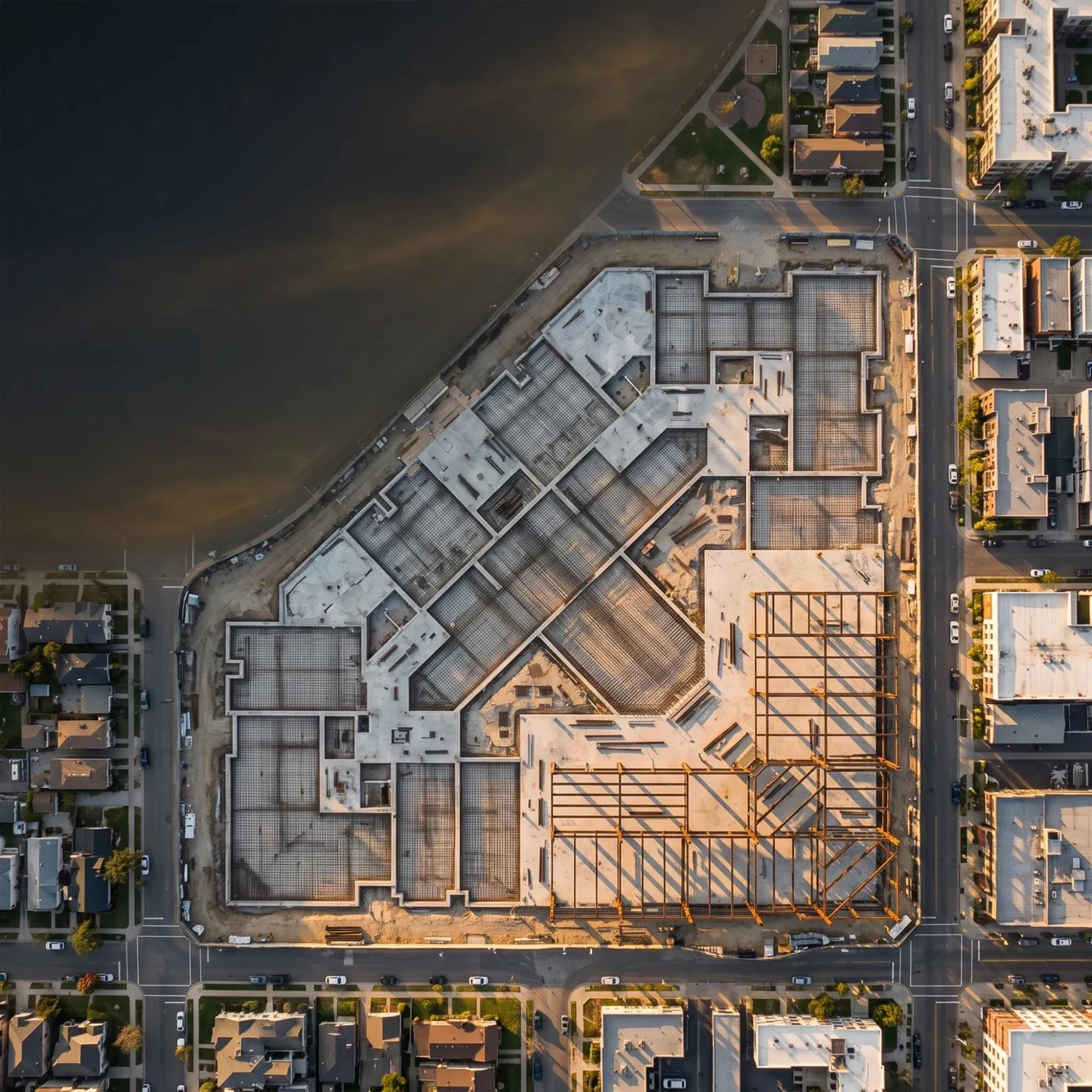 A large concrete slab and formwork on a waterfront site